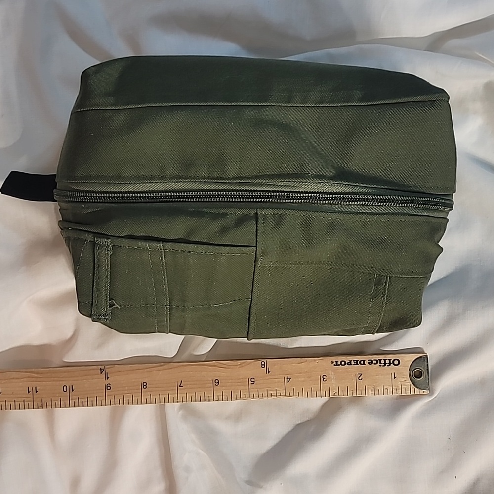 Handmade cosmetic makeup bag made from upcycled army pants